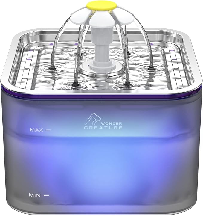 Wonder Creature Crystal Cat Water Fountain Stainless Steel Lid, 101oz/3L | Pet Fountain with Transparent Base, Quiet Pump, LED Indicator Light, Triple Filtration, 3 Flow Modes for Cats and Dogs
