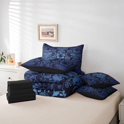 Erosebridal Gothic Damask Bed in a Bag King Size Comforter Set 7 Pieces,Halloween Bat Bedding Sets Blue Victorian Floral Goth Sheet Set with Comforter