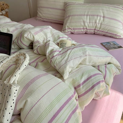EAVD Vintage Style Striped Duvet Cover Twin Size Soft 100% Cotton Green Purple Vertical Stripes Pattern Bedding Set with 2 Pillowcases Reversible Farmhouse Geometric Duvet Cover with Zipper