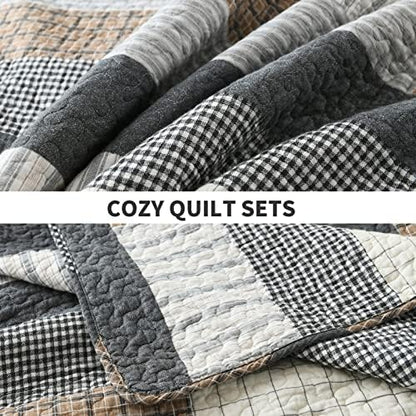 PERHOM Quilt King Size - 100% Cotton Farmhouse Rustic King Quilt Set, Cabin King Quilt Bedding Set Bedspreads, Lodge Lightweight Patchwork Plaid Quilted Comforter for King Bed, Grey/Brown/Beige