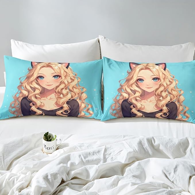 Erosebridal Kawaii Cat Girl Cute Fitted Sheet, 3D Japanese Style Bedding Set Japanese Anime Girl Sheets Twin, 1 Fitted Sheet 1 Pillowcase (No Flat Sheet)