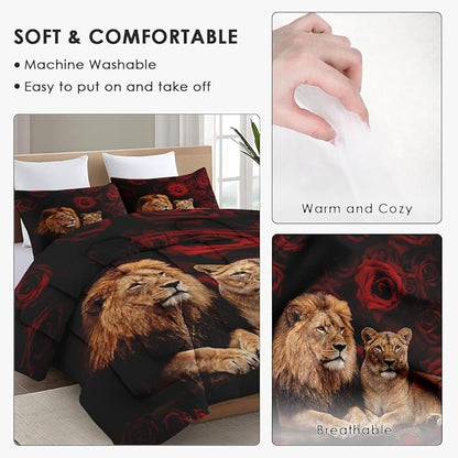 Full Size Comforter Set with 2 Pillowcases, Lion Family Soft 3 Pcs Bedding for Kids and Adults Bedroom Bed Decor