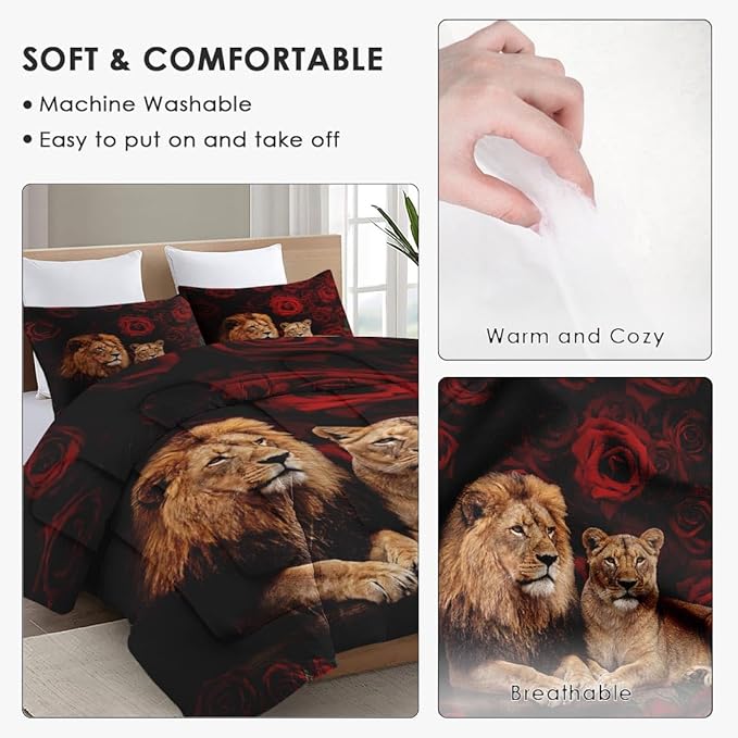 Twin Size Comforter Set with Pillowcase, Lion Family Soft 2 Pcs Bedding for Kids and Adults Bedroom Bed Decor