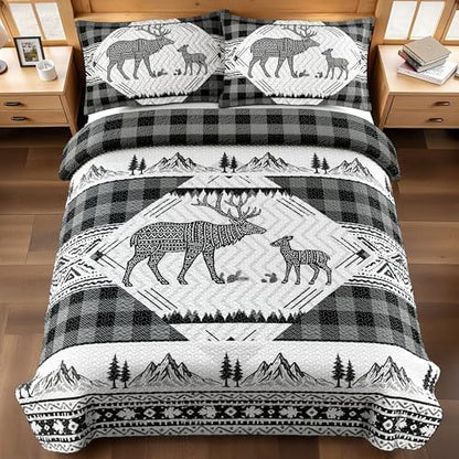 3 Piece Cabin King Size Quilt Sets Farmhouse Rustic Reversible Microfiber Soft Lightweight Bedspread Comforter with 2 Shams Patchwork Country Lodge Bedding Quilts Set for All Season, 106''x96'', Grey