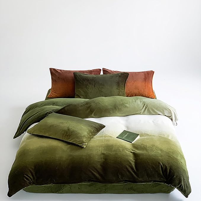Cottonight Velvet Fluffy Comforter Full Dark Green Gradient Plush Flannel Bedding Set Women Men Thick Warm Winter Blanket Quilts Sherpa Micromink Ink Color Plush Fashion Bedding
