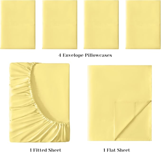 BYSURE 6 Pieces Bed Sheets Set(Full, Yellow) - Hotel Luxury Super Soft 1800 Thread Count 100% Microfiber Sheets with Deep Pockets, Wrinkle & Fade Resistant