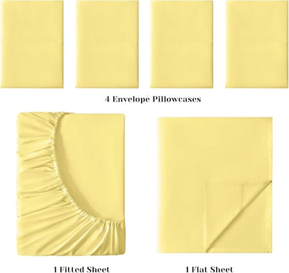 BYSURE 6 Pieces Bed Sheets Set(Full, Yellow) - Hotel Luxury Super Soft 1800 Thread Count 100% Microfiber Sheets with Deep Pockets, Wrinkle & Fade Resistant