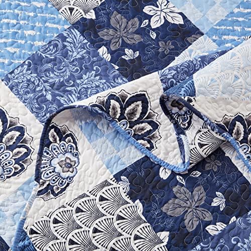 Full/Queen Size Quilt Set 3 Pieces Lightweight Reversible Bedspread-90''x98'' Soft Patchwork Floral Coverlet Luxurious Warm Microfiber Bed Cover All Seasons Blue Bedding Set(1 Quilt,2 Pillow Shams)