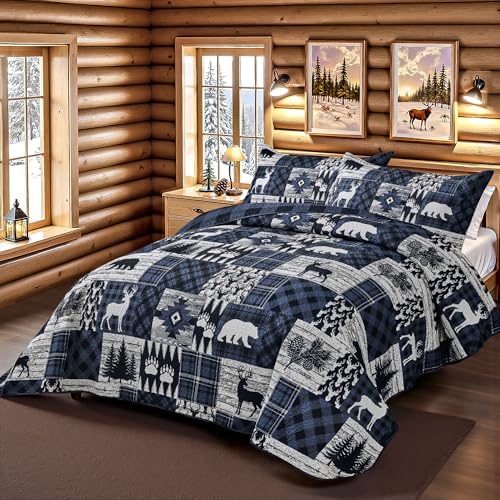 3 Piece Cabin California King Size Quilt Sets Farmhouse Rustic Reversible Microfiber Soft Lightweight Bedspread Comforter with 2 Shams Patchwork Country Lodge Bedding for All Season, 118''x106'', Blue