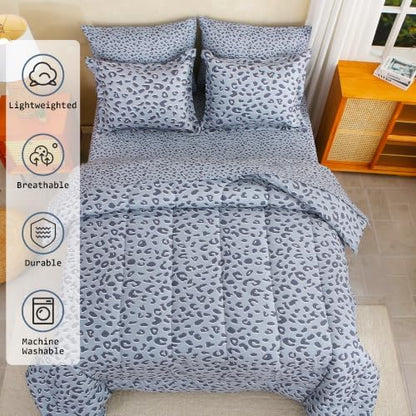 lasoftan Leopard Queen Comforter Set with Sheets, 7 piece Luxury Vintage Bedding, Soft Microfiber Bed in a Bag, Cozy Lightweight Bed Set, Grey Cheetah Print