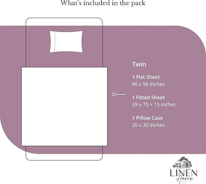 Linen Home 100% Cotton Percale Sheets Twin Size, Damson Berry, Deep Pocket, 3 Pieces Set - 1 Flat, 1 Deep Pocket Fitted Sheet and 1 Pillowcase, Crisp Cool and Strong Bed Linen
