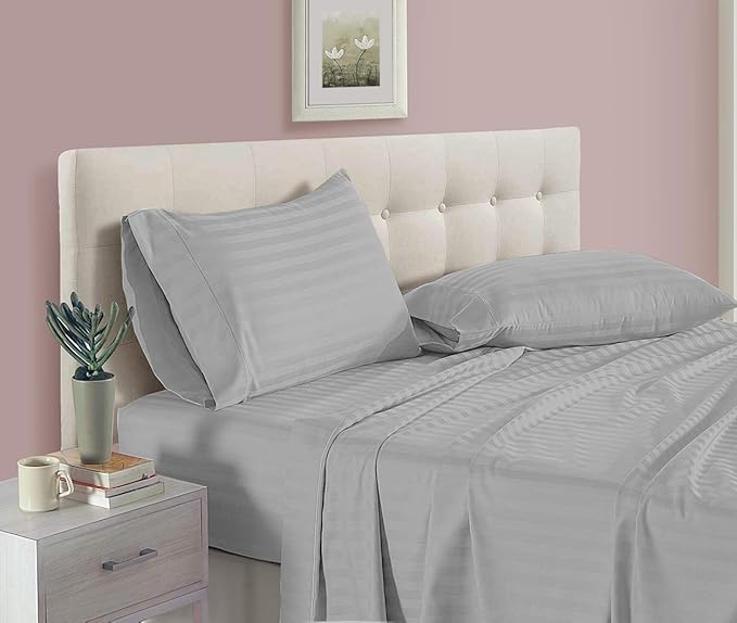 6 Piece Cal King Size Sheet Set Egyptian Cotton Sheets 6 Pieces Sheets Set California King Size 6 PC Striped Bed Sheet Set Light Grey Stripe Fits Mattress Upto 18'' DEEP Pocket