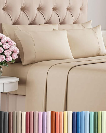 Full 6 Piece Sheet Set - Comfy Breathable & Cooling - Ultra Soft Hotel Luxury Bedding Set with 8-16 Inch Deep Pockets - 1 Flat & 1 Fitted Sheet & 4 Pillowcases - Cozy, Wrinkle Free & Easy Care - Cream