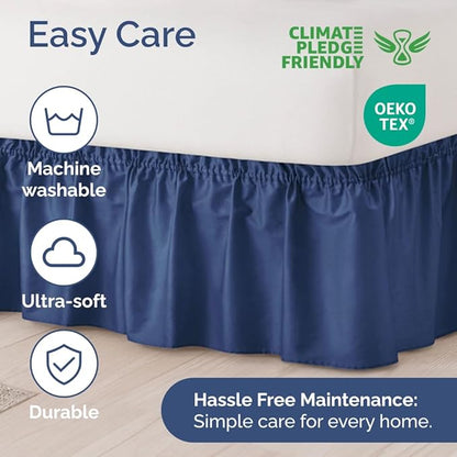 Wrap Around Dust Ruffle Bed Skirt - Navy Blue - for Full Size Beds w/ 14 Inch Drop - Easy Fit Elastic Strap - Adjustable Pleated Bedskirt with Brushed Fabric, Wrinkle Free Women, Men, Kids and Teens