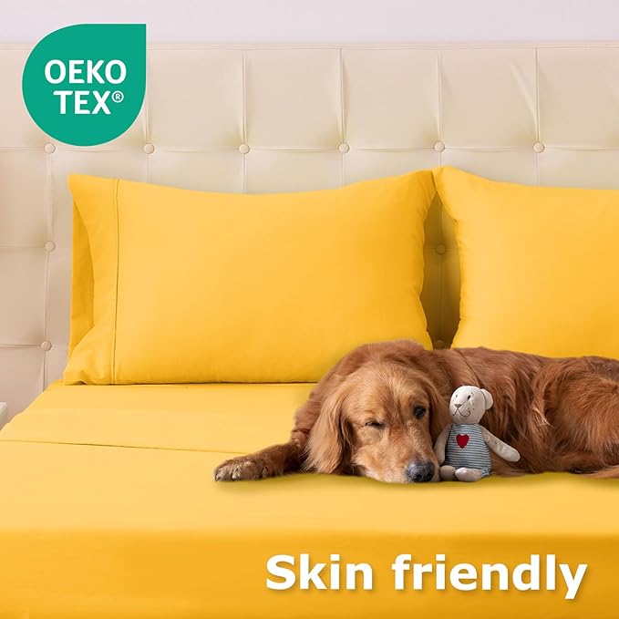 Twin XL Size Bed Sheet Set - 3 Piece Soft Microfiber Sheets with Deep Pockets, Cooling Technology, and Wrinkle-Free Pillowcase. Hotel-Quality, Durable Bedding, Spectra Yellow