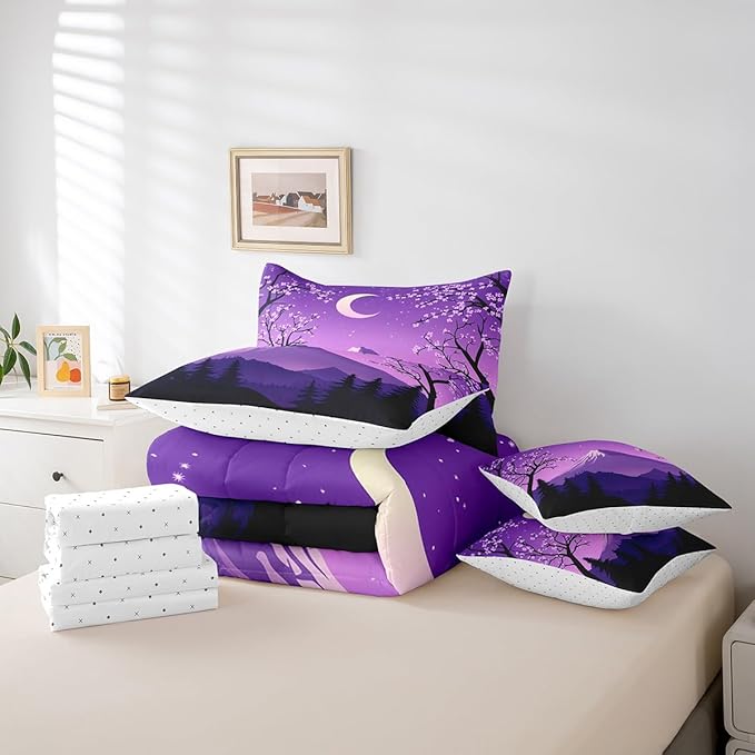 jejeloiu Japanese Purple Bedding Set 7Pcs Queen Size Kids Mount Fuji Comforter Set with Sheets for Boys Girls Cherry Blossom Bed in a Bag Soft Lightweight,Microfiber