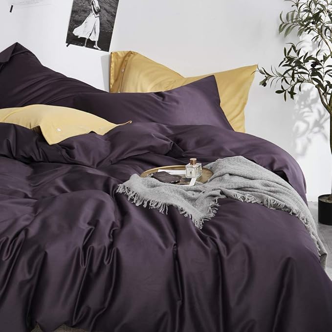 EAVD Modern Style Dark Purple Duvet Cover King Soft Cotton Reversible Purple Bedding with 2 Button Pillowcases Luxury Solid Color Dark Purple Comforter Set with Zipper Closure
