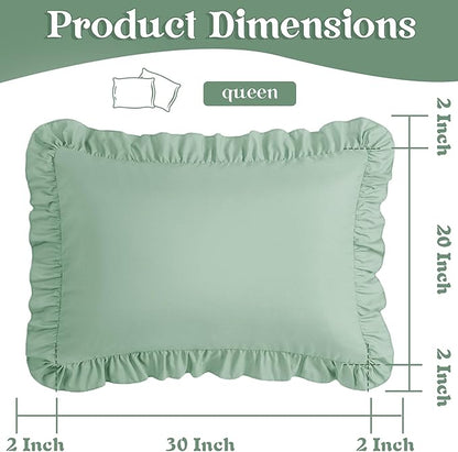 KKJIAF Ruffle Pillow Cases Queen Size Set of 2, Ruffled Pillow Covers with Envelope Closure, Wrinkle Resistant Pillowcases 20" x 30", Sage Green