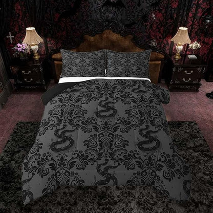 Feelyou Adults Gothic Bedding Set Soft for Boys Girls, Dark Olive Green Damask Comforter Set Twin Size Snake Duvet Quilt Microfiber Bedroom Decor 2 Pcs with 1 Pillow Cases