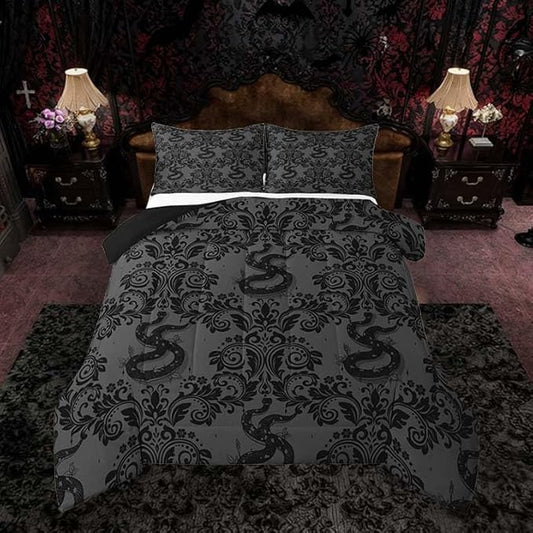 Feelyou Adults Gothic Bedding Set Soft for Boys Girls, Dark Olive Green Damask Comforter Set Twin Size Snake Duvet Quilt Microfiber Bedroom Decor 2 Pcs with 1 Pillow Cases