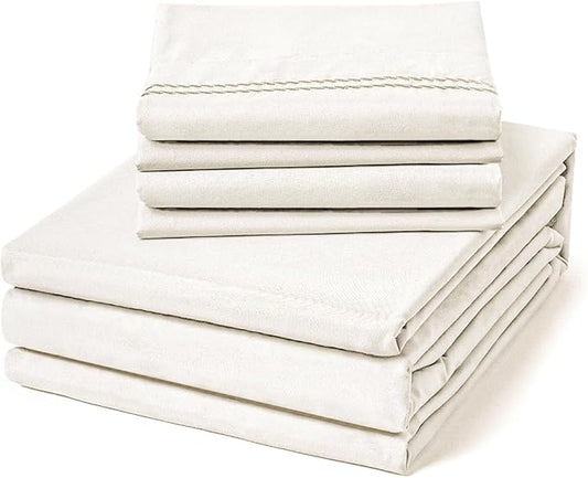 ClevaHome Twin Size Sheet Set - 4 Piece Soft Breathable Luxury Bed Sheet Set - Shrinkage & Fade Resistant Embroidered Bedding Sheet with Deep Pocket, 2 Extra Pillowcases (Twin, Crystal White)