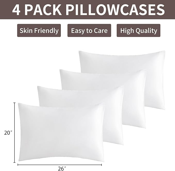 MINIPANDA White Pillow Cases Standard Size Set of 4 - Super Soft, Smooth and Breathable Standard Pillow Cases- Envelope Design - Machine Washable Lightweight (20X26 Inches (4 Piece))