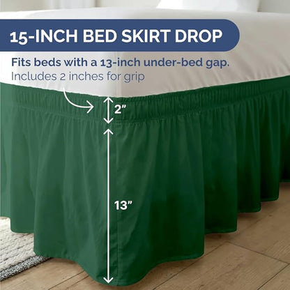 Wrap Around Dust Ruffle Bed Skirt - Emerald - for Full Size Beds w/ 15 Inch Drop - Easy Fit Elastic Strap - Adjustable Pleated Bedskirt w/Brushed Fabric - Wrinkle Free - for Women, Men, Kids & Teens