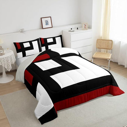 Erosebridal Red Black and White Striped King Bedding Set Square Abstract Comforter Set for Adult Women Men Modern Geometric Stripes Bold Lines Bed Collections Minimalist Plaids Quilt Sets