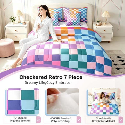 Feelyou Multicolored Checkered Retro Bedding Sets Kids Boys Girls Geometric Vintage Comforter Bed in a Bag Twin Size Rainbow Colorful Bed Duvet Insert Modern Groovy Aesthetic Room Decor