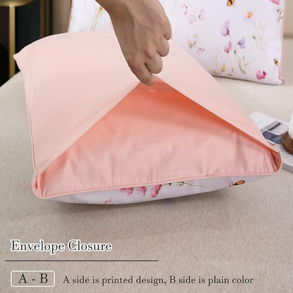 WINLIFE 100% Cotton Pillowcases Standard Size Pink Floral Bees Printed Pillow Cover 2 Pack, Super Soft Envelope Closure Pillow Case (Standard, 20"x26")