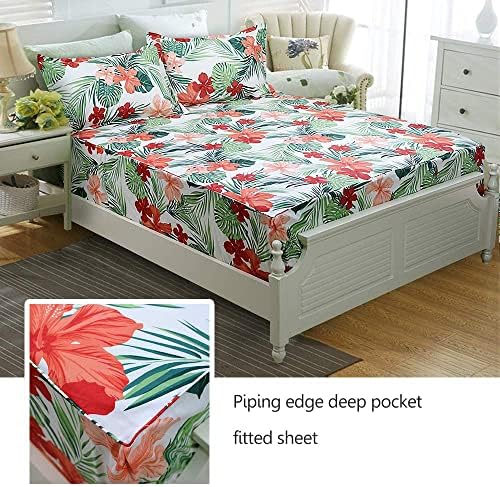 FADFAY Hawaiian Bedding Sheet Set Tropical Red Hibiscus Palm Leaves 100% Cotton Deep Pocket Fitted Sheet 4-Pieces King Size