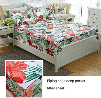 FADFAY Hawaiian Bedding Sheet Set Tropical Red Hibiscus Palm Leaves 100% Cotton Deep Pocket Fitted Sheet 4-Pieces King Size