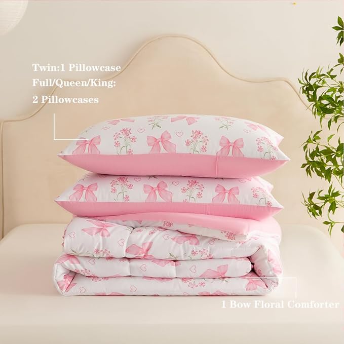 Pink Bow Comforter Set Twin Size Pink Floral Comforter for Girls Kids Romantic Princess Style Bowknot Bedding Set Ultra Soft Reversible Garden Flower Comforter Sets with 1 Pillowcase 2Pcs