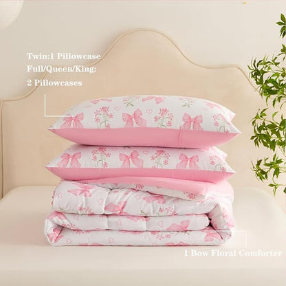 Pink Bow Comforter Set Twin Size Pink Floral Comforter for Girls Kids Romantic Princess Style Bowknot Bedding Set Ultra Soft Reversible Garden Flower Comforter Sets with 1 Pillowcase 2Pcs