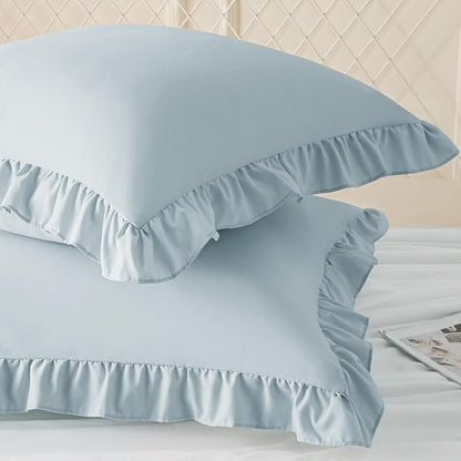 KKJIAF Ruffle Pillow Cases 26x26 Inches, Dusty Blue Square Ruffled Pillow Covers Set of 2, Microfiber Wrinkle Resistant Pillow Shams with Envelope Closure for Sofa Bed Living Room