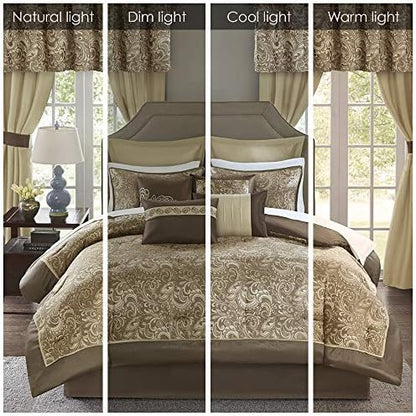 Madison Park Essentials Brystol 24 Piece Room in a Bag Faux Silk Comforter Jacquard Paisley Design Matching Curtains Down Alternative Hypoallergenic All Season Bedding-Set, Cal King(104"x92"), Brown