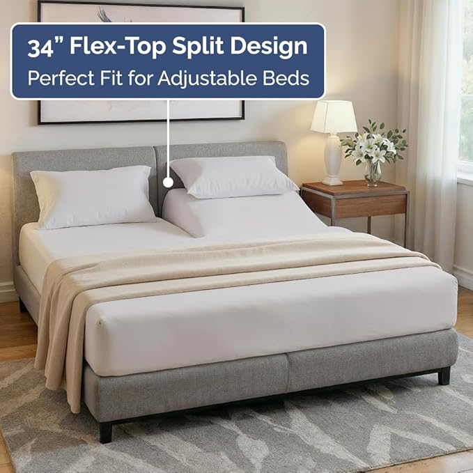 Flex Top Split Head King 4 Piece Sheet Set - Comfy Breathable & Cooling Bed Sheets Set - Hotel Luxury Bedding for Women, Men, Kids, Teens, Boys & Girls - Deep Pockets, Soft and Oeko-Tex - Light Grey