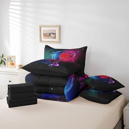 Erosebridal Gothic Dragon Dream Catchers 7 Piece Comforter Set Full Bed in a Bag,Purple Blue Galaxy Bohemian Feather Bedding Sets Antique Animal Pterosaur Sheet Set with Comforter