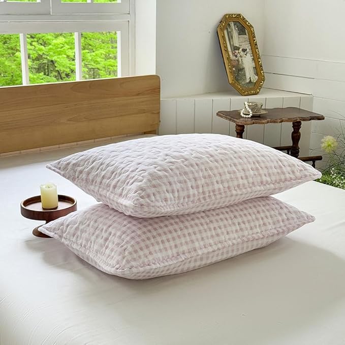 NSNLGSGC Pink Gingham Twin Quilt Set, Soft Pre-Washed Microfiber Pink Plaid Twin Bedspread, Lightweight Checked Summer Quilt, Grid Bedding Coverlets for All Seasons
