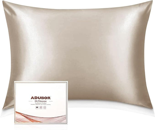 Adubor Silk Pillowcase 2 Pack for Hair and Skin with Hidden Zipper, Both Sides 23 Momme Silk Pillow Case (Beige, Queen: 20''X30'')