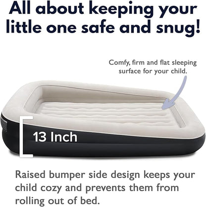 King Koil Luxury Inflatable Toddler Travel Bed with Built-in Safety Bumper, Portable Air Mattress Airbed for Kids Travel, Includes High-Speed Pump - Black