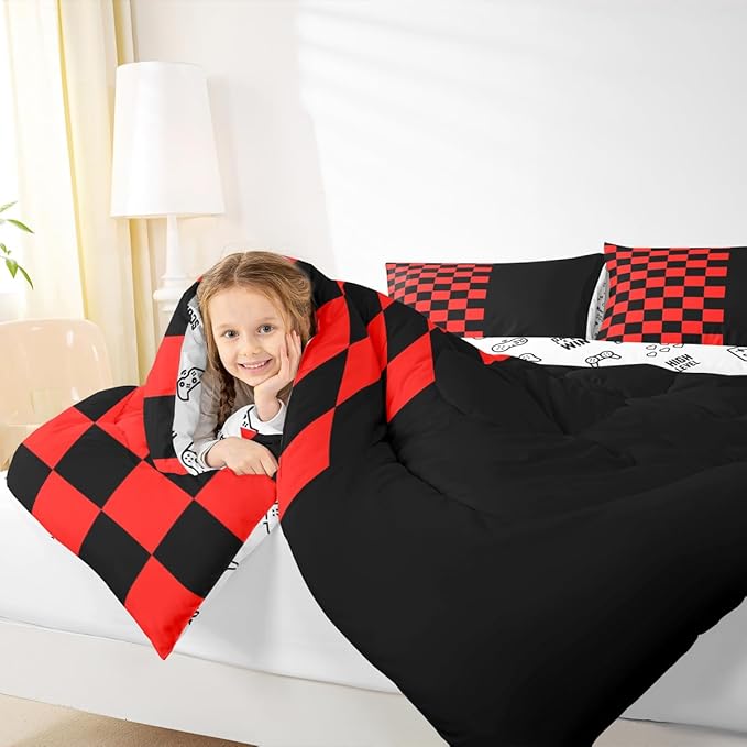 Geometric Lattice Kids Bedding Set King Size,Video Games Check Lattice Comforter Set，Grid Fashion Simple Quilt Comforter,Black Red Bedroom Duvet Insert,2 Pillowcases