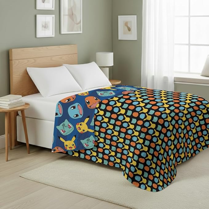 Northwest Pokemon Striped Favorites Full/Queen Quilted Blanket, Cozy Fantasy Bedding for Gamers, Kids & Adults, Throw for Bedroom, Sofa, or Game Room Décor, 90 x 90 Inches