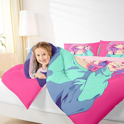 Erosebridal Japanese Anime Bedding 3D Anime Girl Comforter Set, Kawaii Japanese Style Bedding Comforter Sets Cartoon Uniform Girl Duvet Insert for Girls Hot Pink Room Decor, King