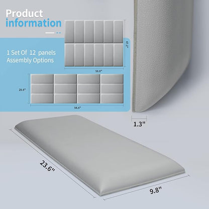 Art3d 12-Pack Peel and Stick Upholstered Headboard, 9.84 x 23.62 in, Grey | Self Adhesive, Upholstered Padded Panels, Fits Multiple Bed Sizes, Sound Absorbing, Ideal for Bedroom