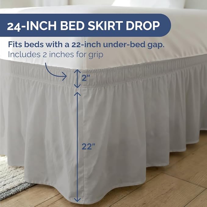 Wrap Around Dust Ruffle Bed Skirt - Light Grey - for King Size Beds with 24 Inch Drop - Elastic Strap - Adjustable Pleated Bedskirt with Brushed Fabric and Wrinkle Free - for Women, Men, Kids & Teens