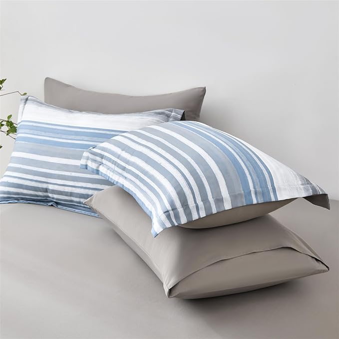 KAKIJUMN 7 Piece Bed in a Bag Stripe Comforter Set Queen Size, White Grey Blue Patchwork Striped Comforter and Sheet Set, All Season Soft Microfiber Complete Bedding Set(Light Blue,Queen)
