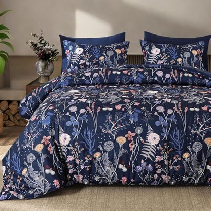 Yiran Twin Comforter Set Floral, Navy Blue 5 Piece Bed in a Bag Bedding Set Lightweight Comforters with Flowers for Women Girls, Soft Breathable Botanical Complete Set with Sheets for All Season