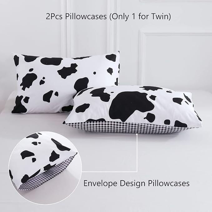 PERFEMET Cow Print Bedding Comforter Set Queen Size Black and White Reversible Geometric Checkered Bedding Set for Kids Teens Boys Girls Rustic Animal Cowhide Pattern Bed Quilt Set