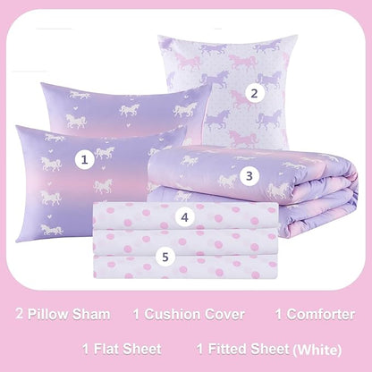 Cokouchyi Twin Comforter Sets for Boys Girls, Unicorn Glow in The Dark Kids Bedding Sets, 5 Pcs Twin Bed in a Bag with Comforter, Sheets, Pillow Sham, Cushion Cover, Unicorn
